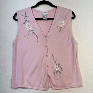 Koret Light Pink Rayon Knit Sweater Vest Ribbon Floral Embroidery Granny Small